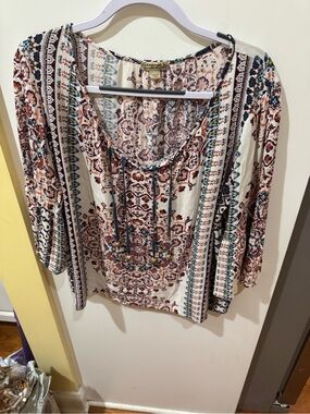 Boho Tie-Front Tunic Top - Cream with Rust & Teal Accents